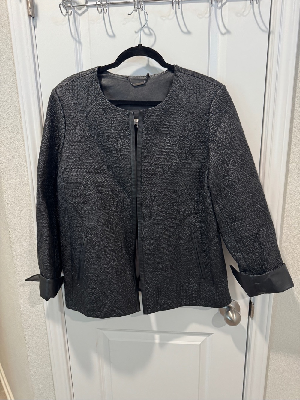 Womens Black Textured Faux leather open front Jacket rolled cuff
